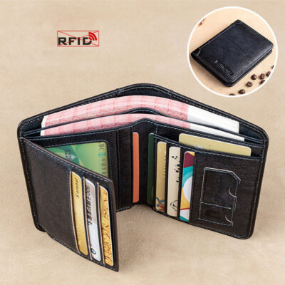 Men's RFID Blocking Leather Wallet Wallet Zipper Credit Card Holder Coin Purse^