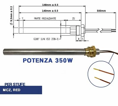 CANDELETTA ACCENSIONE STUFA PELLET RESISTENZA D 9.5 X 148 350W PALAZZETTI 04048