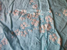 Pinch Pleat Curtains Pair Powder Blue w Off White Flocking Flowers Unlined Drape