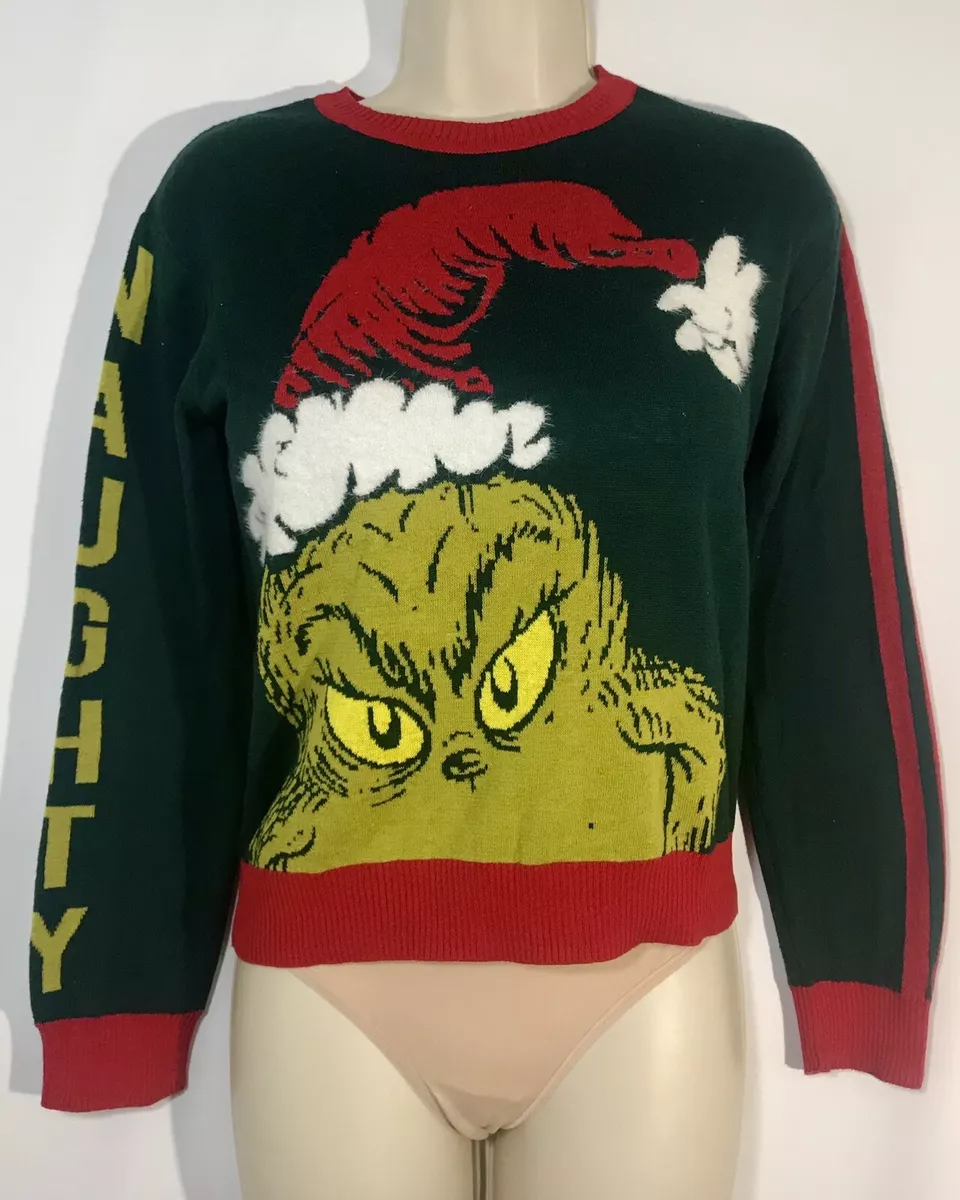 THE GRINCH Santa Naughty Christmas Sweater Girls Youth Junior Size Small Green