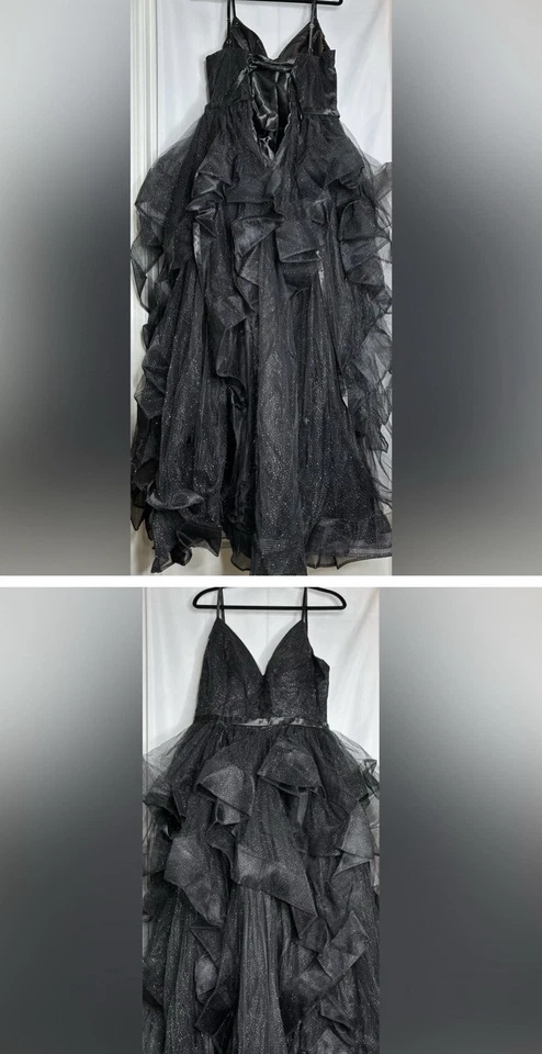 VESTIDO DE TUL NEGRO BRILLO TIRANTES ESPAGUETI BAILE NOCHE DAMAS DE HONOR/PROMOCIÓN TALLA 14 Foto 4 de 4