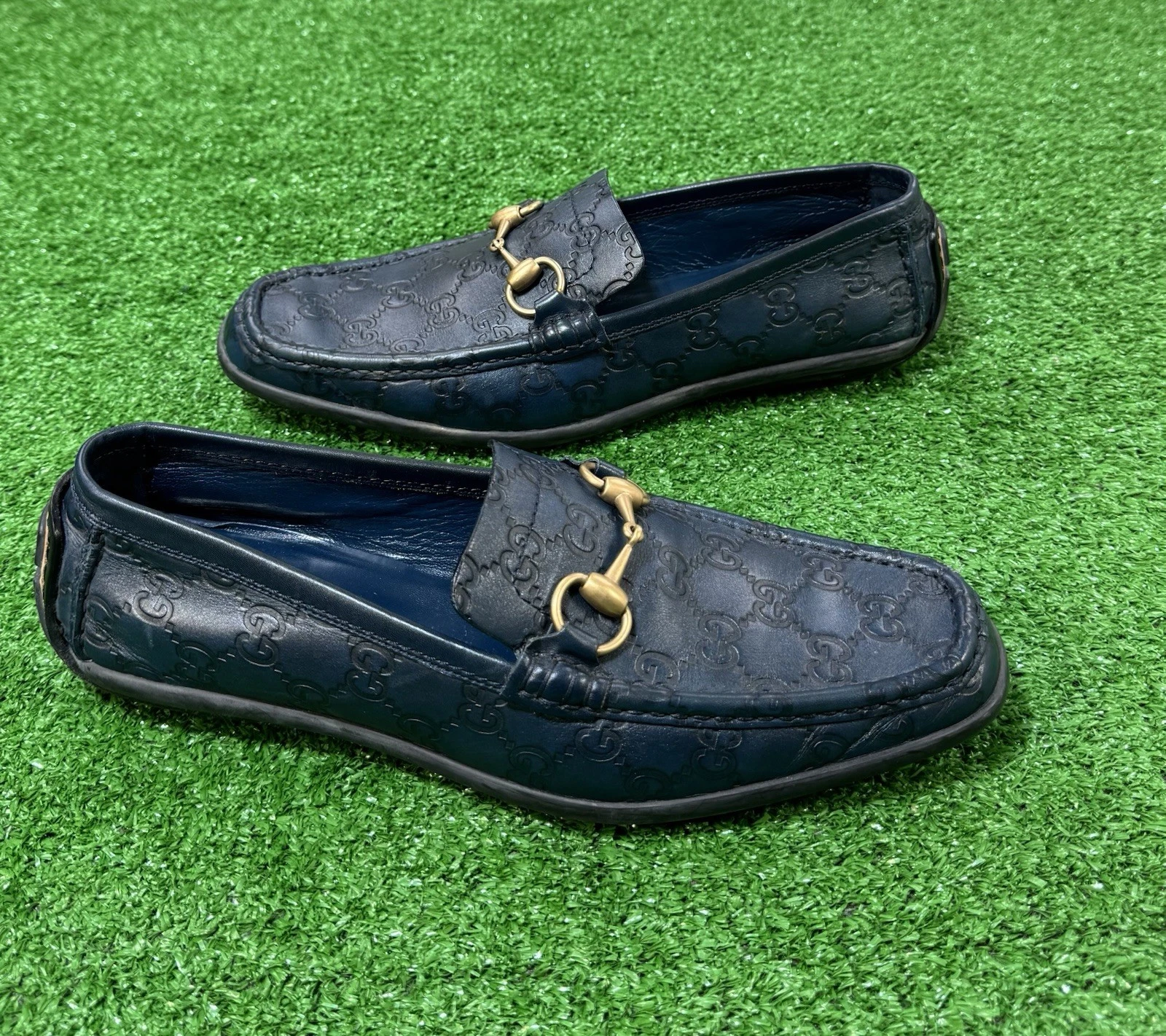 Mocassins de conduite en cuir Gucci Horsebit monogramme bleu marine Italie homme taille 9,5 B