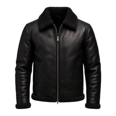 Men's Shearling Leather Jacket-handmade Black Winter Aviator Real Sheepskin