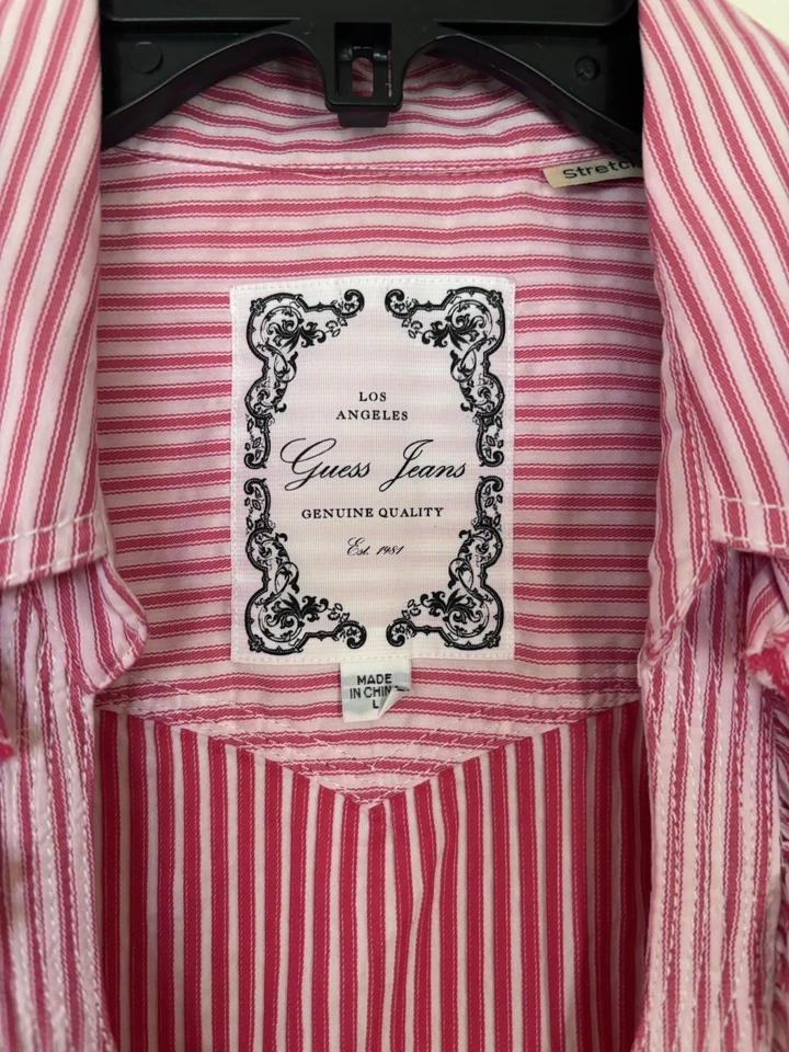 Guess 100% algodão rosa rosa rosa e borgonha listra de babado manga longa vintage grande - Imagem 3 de 4