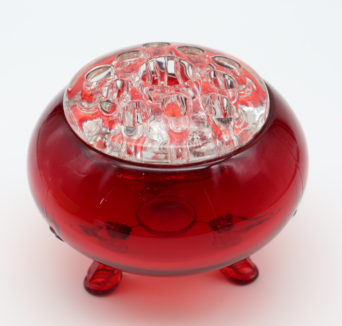 Vtg Viking Glass Ruby Red Glass Flower Frog Flowerlite Rose Bowl