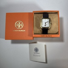 Tory Burch The Robinson Gold Black Cream Leather Strap Watch TBW1504 Logo 27mm