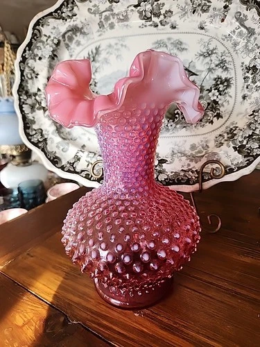 10.3/4" VTG 1970's Fenton Art Glass Cranberry Opalescent Hobnial Ruffled Vase