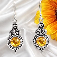 Citrine Roung Gemstone 925 Syerling Silver Handmade Earring For Party Wear Gift