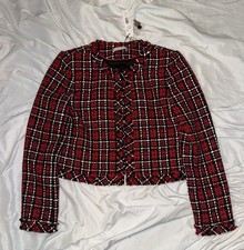 Alice + Olivia Kidman Tweed Plaid Jacket in Schoolgirl Plaid Bright Ruby Size 0