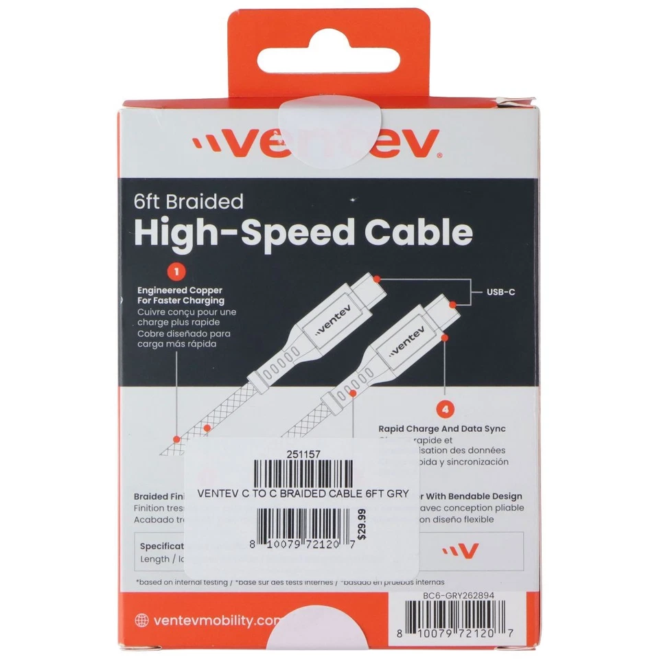 Cable trenzado de alta velocidad Ventev (6 pies) USB-C a USB-C - negro/gris Foto 4 de 4