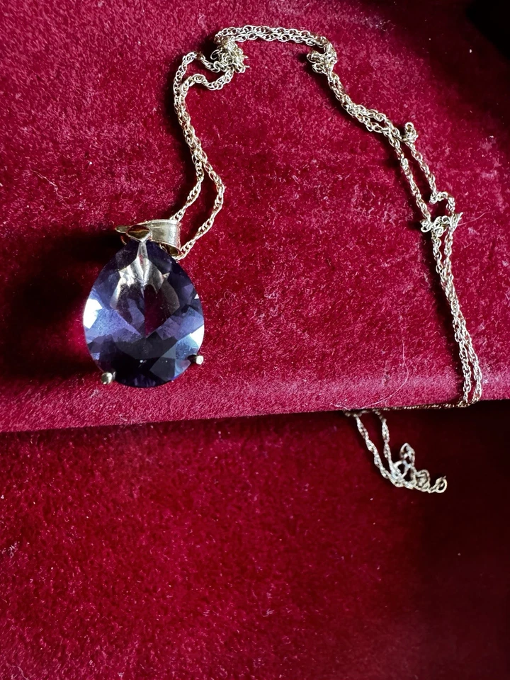 Mexico 14K Yellow Solid Gold Pear Shape Large Amethyst Charm Pendant & Chain - Image 3 of 4