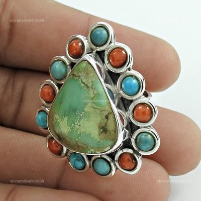 December Turquoise Coral 925 Solid Silver Statement Cocktail Ethnic Wedding Ring