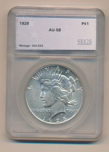 1928 SILVER PEACE DOLLAR $1 SEGS GRADED AU - 58