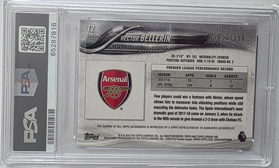 Hector Bellerin PSA 9 Auto 2018 Topps Chrome Blue Refractor Arsenal #d /150  - Image 2 of 2