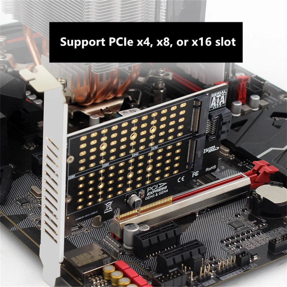 M.2 NVMe NGFF SSD to PCIE x4 x8 x16 SATA Dual SSD PCI Express Adapter Card 1x - Image 4 of 4