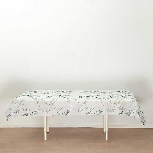 60" x 102" White Green Rectangular Tablecloth Olive Leaves Print Party Events - Picture 8 of 9