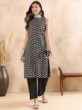 Women Indian Black Print Cotton Kurta With Pants,Sleeveless Summer Top Bottom