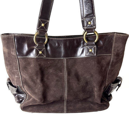 Eddie Bauer Chocolate Brown Leather & Suede Large Carryall Tote Bag