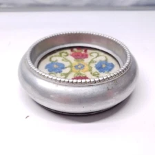  Vintage Aluminum and Glass Ashtray with Embroidered Floral Design or Picture