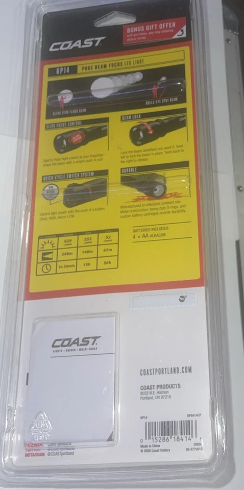 Coast HP14 FLASHLIGHT 629 Lumen Black LED AA Super Wide Flood Spot HP8414CP NEW! - Image 4 of 4