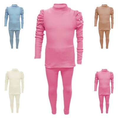 Mädchen Loungewear geraffte Ärmel Perlen Top und Hose Trainingsanzug Outfit gerippter Ausschnitt