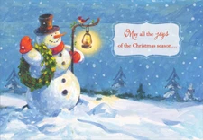 Snowman with Lantern Designer Greetings Christmas Card
