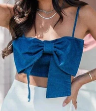 NWT Boutique Le Lis Classic Country Dark Wash Chambray Bow Tank Top Small