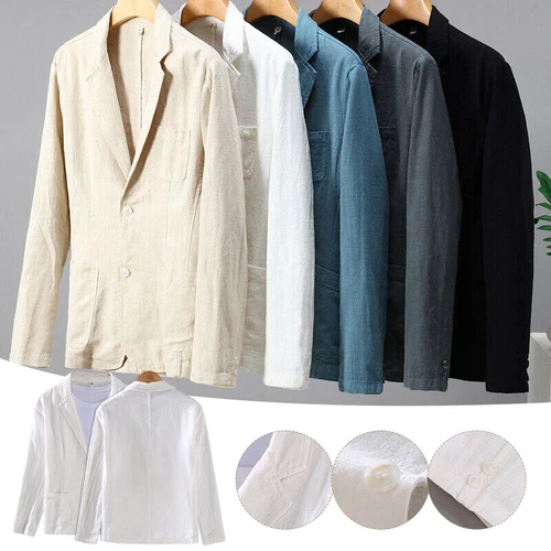 Herren Lässig Baumwolle Leinen Blazer Zwei Knopf Anzug Formell Business Jacke Slim Fit - Bild 4 von 28