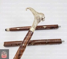 Brass Lion Head Handle Walking Stick Vintage Wooden Cane Designer Antique Gift