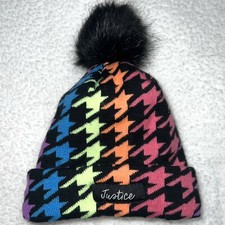 Justice Girls Beanie Toddler Girl Hat Rainbow Houndstooth Pattern Pom Pom