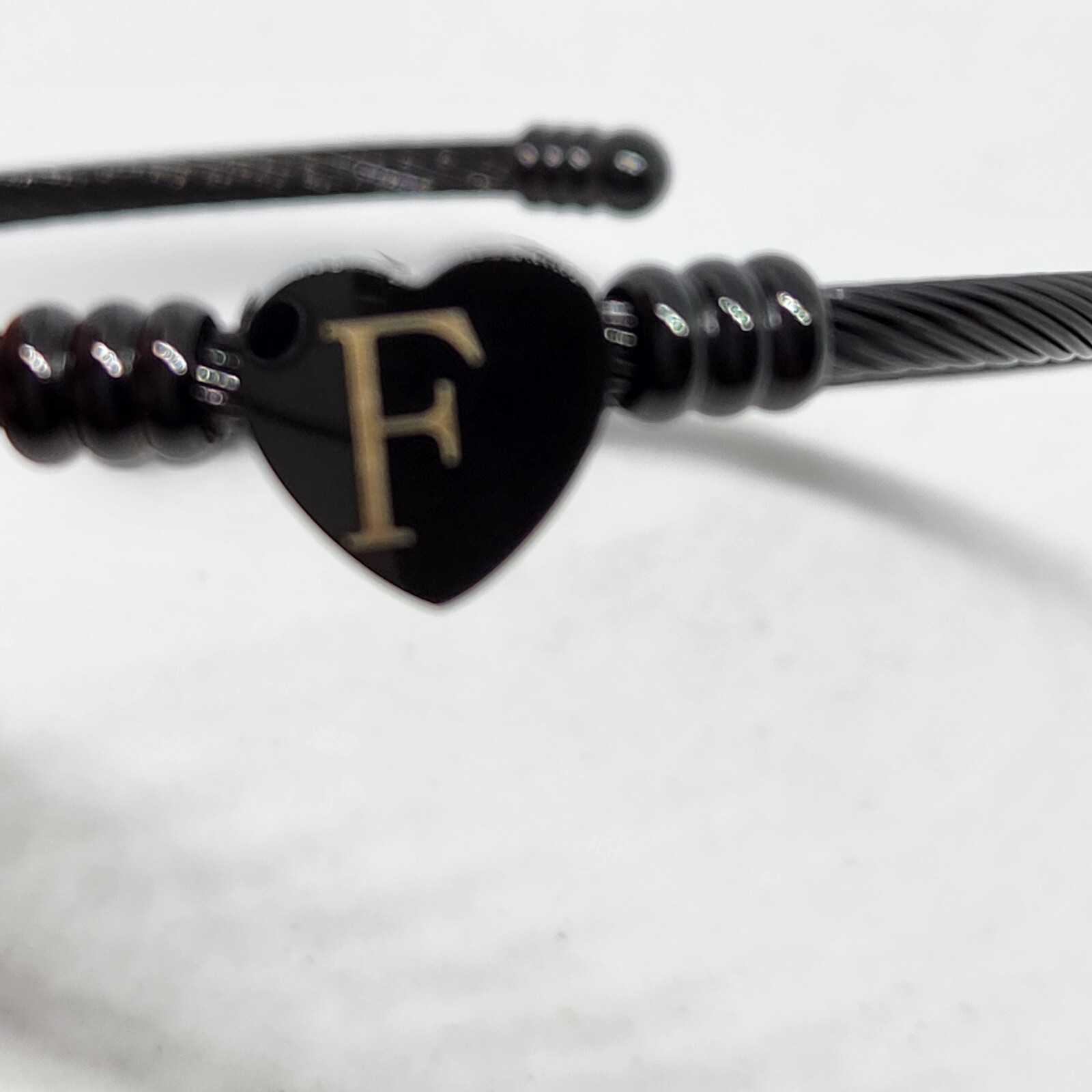Initial F Heart Coil Bangle Bracelet Black
