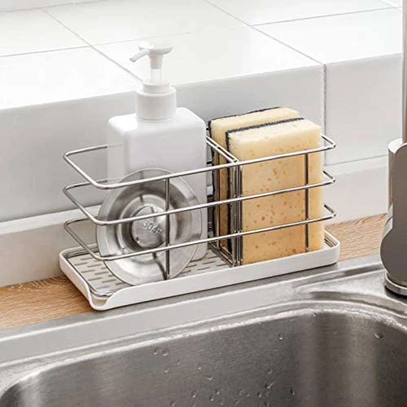 Sink Sponge Holder With Double Hook, Stainless Steel Sink Caddy