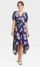 WOMEN'S SIZE M FLORAL MIDI DRESS HIGH-LOW SHORT OUFF SLEEVE-A NEW DAY