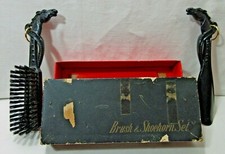 Vintage Brush Shoe Horn Set Horse Head Handles Black Plastic w/Box Japan