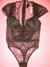 Victoria's Secret 36B 34C 34D M TEDDY bodysuit one-piece Black CAP-SLEEVE mesh