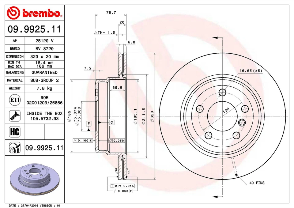 Brembo 09.9925.11 320mm Rear Disc Brake Rotor for 2007-2019 BMW X6 - Image 2 of 3