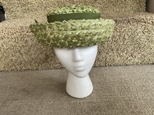Vintage Union Made Green Straw Wide Rim Derby Hat Ribbon Hat Pin