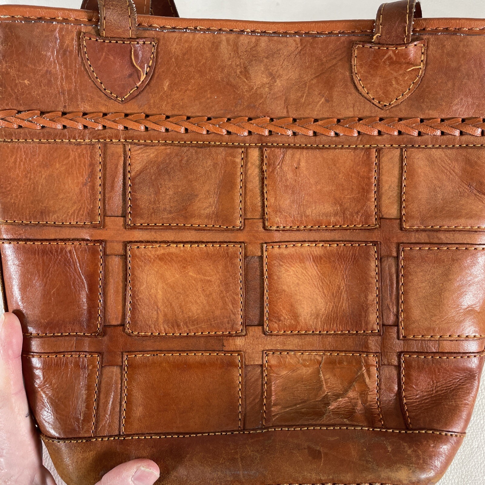 Vintage Square Patch Pattern Tan Leather Purse / … - image 7