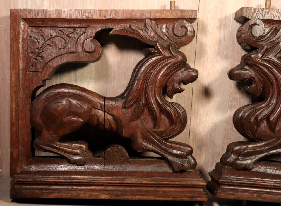 大量 古董 法国 墙面支架 Corbels 手工雕刻 橡木 一对 狮子雕像 — 第 3/4 张图片