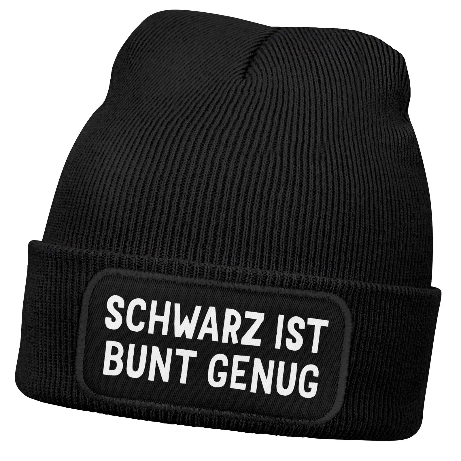 Damen Beanie Patch Strickmtze Spruch Schwarz ist bunt genug Aufdruck Lustig 3790₽