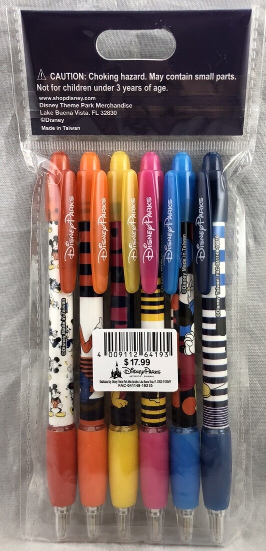 Disney Parks Mickey Mouse Fab 5 Stripes 6 Pack Pen Set Black