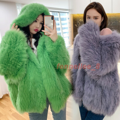 Women Real Fox Fur Double Sided Weave Jacket Hooded Bat Sleeve