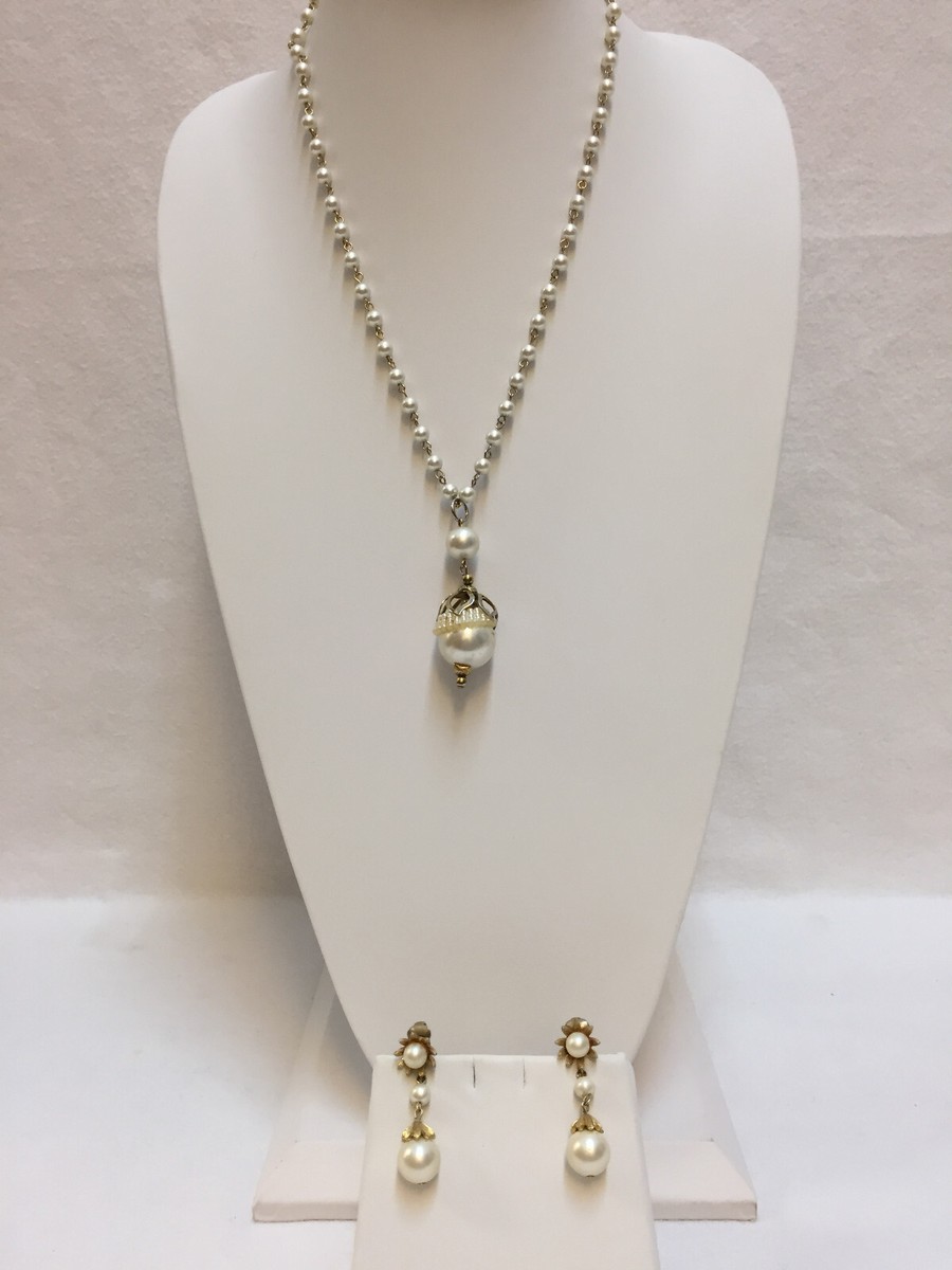 Necklace Beaded Rosary Style Gold Tone Faux Pearl Earrings Clip On