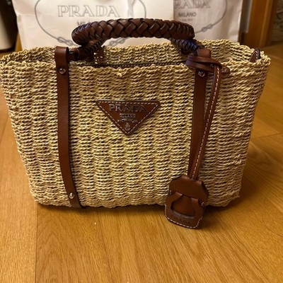 PRADA Straw Raffia Tote Handbag Beige Brown Braided Leather Strap Triangle Logo