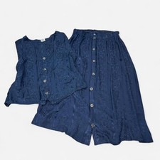 Vintage 90s Navy Blue Floral Striped Button Up Vest Midi Skirt Two Piece Set M