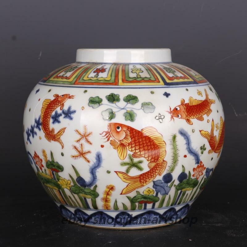Maceta de algas de pescado de porcelana de cinco colores azul y blanco de China Jingdezhen de 10"