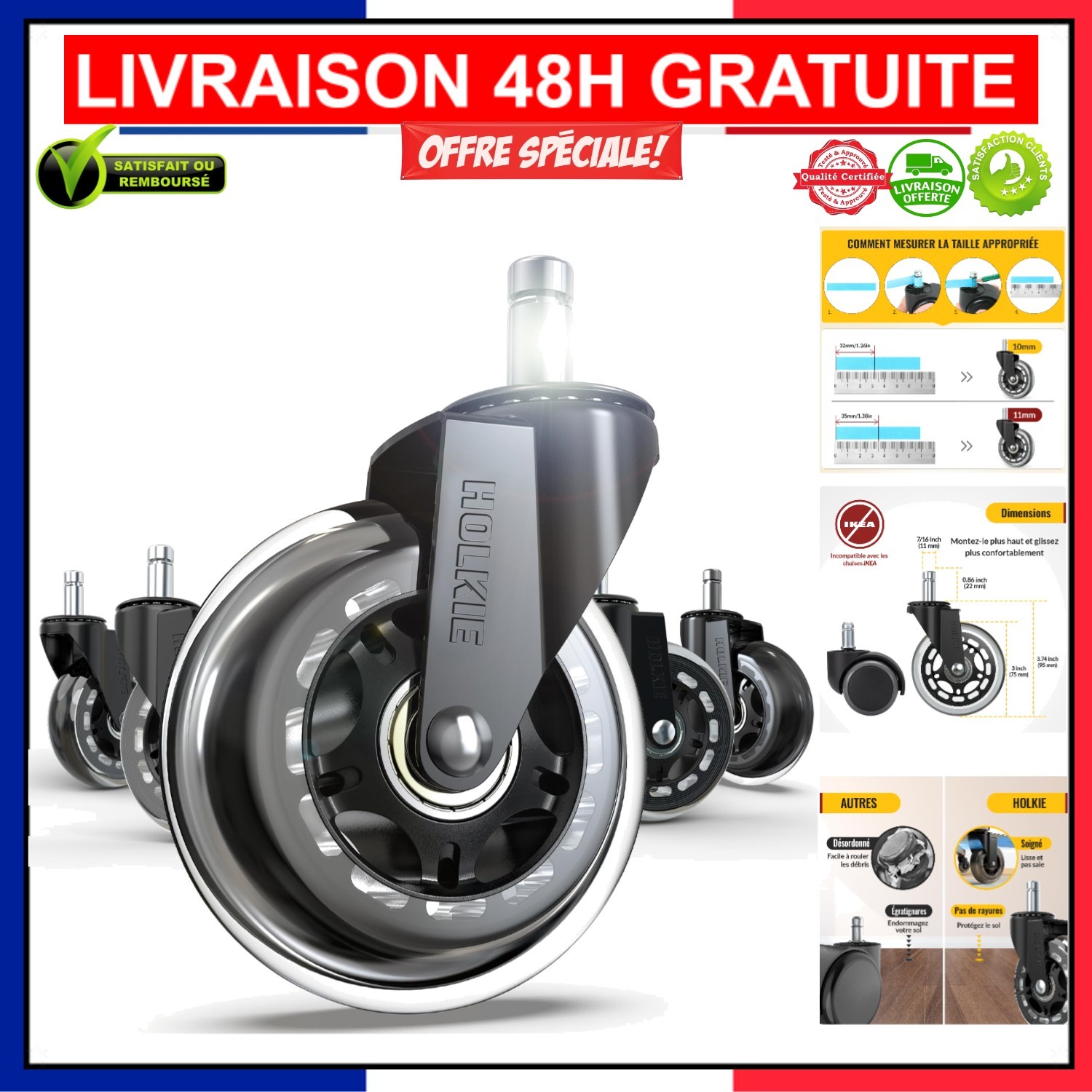 Roulettes de chaise lot de 5 en caoutchouc silencieux et anti-rayure installation sans outil