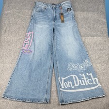 Von Dutch Women  s Extra Wide Leg Flare Jeans 27 Patch Logo Embroidered Y2K NWT