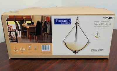 Progress Lighting Foyer Pendant Bravo Collect. Antique Bronze Umber Linen Shade