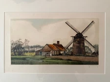 Roger Hebbelinck Hand Painted Etching Lithograph 47 / 350 Landscape Windmill